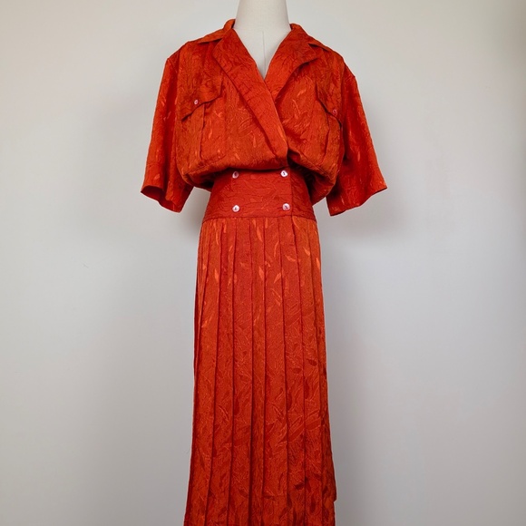 80s Orange Midi Dress Drop Waist Peplum Doubled Breasted Collar V-Neck - Picture 5 of 11